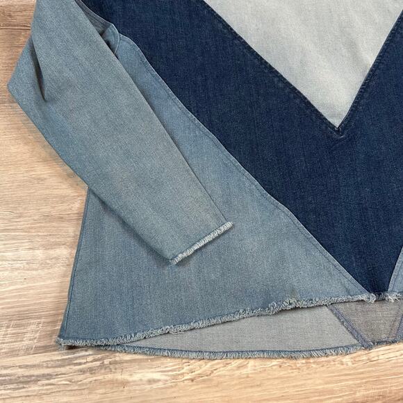 Ella Moss Denim Patchwork Funnel Neck Top Blue Colorblock Soft Grunge XS - Picture 3 of 7